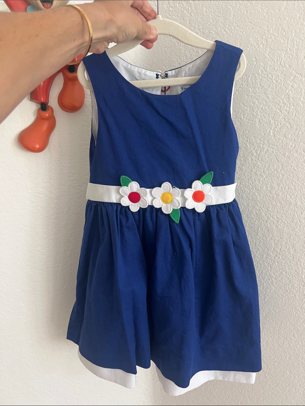 Florence Eiseman Girls Blue Dress with White Floral Belt 4T